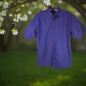 Ariat Mens Pro Series  Classic Fit Blue Red Plaid Button Down Shirt  L